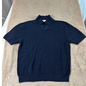 Sunspel Waffle Knit Polo Shirt Mens 2XL Navy Blue Short Sleeve EUC